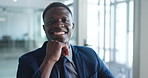 Happy, business and face of black man in office for finance career, ambition and consultant job. Corporate, professional and portrait of African person for financial advisor, investor and about us