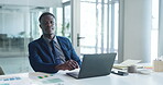 Employee, face and man with laptop, office and financial analysis on website, research and paperwork. Online, data analyst and black person with tech for asset management, documents and budget review