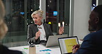 Night, businesswoman or people in meeting with laptop for stats feedback, ideas or company strategy. Late, manager talking or team in office with computer for charts, documents or project development