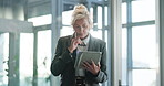 Think, reading and business woman with tablet in office for financial review, research or decision. Technology, problem solving and mature consultant planning project, insight or investment report