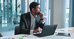 Laptop, thinking and businessman in office with research for finance report with company budget. Computer, ideas and financial manager working on investment proposal with stock market in workplace.