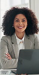 Office, laptop and woman with arms crossed, face or defense lawyer with pride for career development. Happy, employee and person with tech for legal research, confident and project on web in law firm