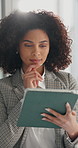 Business, tablet and thinking with designer woman in office for planning, research or review. App, design and reading email with happy African employee in workplace for artistic or creative decision
