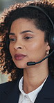 Headset, communication and businesswoman in office for customer service career with finance. Mic, contact us and professional female financial collection consultant with online query in workplace.