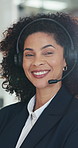 Headset, happy and face of businesswoman in office for customer service career with finance. Mic, professional and portrait of female financial collections consultant with online query in workplace.