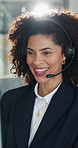 Headset, excited and businesswoman in office for customer service career with finance. Mic, celebration and professional female financial collection consultant with online query in workplace.