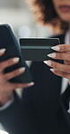 Credit card, hands or woman in office with phone, service bill or equipment purchase from ecommerce site. Bokeh, eft or employee in agency with tech, software or contractor payment in online transfer
