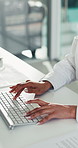 Hands, keyboard and typing with business woman at desk in office for financial administration. Computer, manicure and reporting with finance employee in corporate workplace for online review
