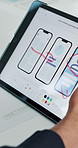 Tablet screen, app development and hands of designer in office for mobile prototype layout. Digital technology, UX and person with phone interface planning for UI design on website in workplace.
