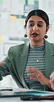 Conversation, meeting and vision with business woman in boardroom for pitch or proposal. Explain, ideas and presentation with Indian employee at table in office for project planning or strategy
