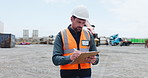 Thinking, construction site and man with clipboard for inspection, checklist and planning. Engineer, outdoor and person with documents for building project, compliance survey and infrastructure