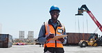 Man, face and clipboard at port, shipping or smile with admin for supply chain management. African person, checklist and portrait for writing logistics report, cargo or happy for inspection at harbor