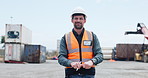 Construction site, happy and face of man with clipboard for inspection, checklist and planning. Engineer, portrait and person with paperwork for building project, compliance survey and renovation