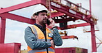 Phone call, industrial or man on site for logistics, tracking cargo or conversation on shipping service. Discussion, freight or customs officer in depot with tech, ppe or safety assurance of export.