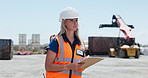 Export, thinking and woman with clipboard, shipping yard and problem solving with distribution. Person, outdoor and employee with documents, inspection and planning with import, solution and choice