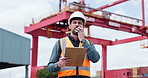 Man, radio and clipboard for shipping, outdoor and talk with distribution schedule for supply chain management. Person, tech and contact with communication, checklist or admin for logistics in Spain