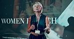 Speaker, stage and conference with business woman for discussion, gender equality and tech workshop. Presenter, feminism seminar and inclusion expo with mature person in convention for summit