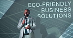 Black man, speaker and mic for presentation on sustainable business with eco friendly solution. Mature person, speech and awareness with green practice, renewable energy and policy change for ecology