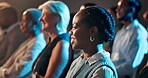 Audience, conference and event with business woman in auditorium for development seminar. Crowd, listening and presentation with group of employee people in convention center for corporate tradeshow