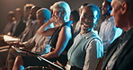 Conference, business people and discussion with audience, tablet or investment summit. Crowd, seminar and speaking with happy woman for financial convention, feedback and training in auditorium