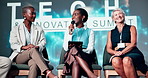 Woman, stage and talk at convention for tech innovation, happy and presentation with speaker at summit. Business people, panel discussion and mic for speech, announcement and smile at conference