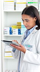 Pharmacy, talking and woman on tablet by shelf for online inventory, medicine and stock checklist. Healthcare, dispensary and pharmacist on digital tech for research, prescription and medical info