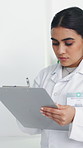 Writing, research and woman with medical study, clipboard and test results with experiment. Person, researcher and scientist in laboratory, documents and vaccine report with notes and innovation