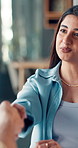 Recruitment, talking and HR manager with handshake in office, interview success or welcome new employee. Congratulations, job opportunity and woman shaking hands for onboarding, hiring and candidate.