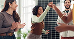 Clapping, high five and motivation with business people in solar energy office for interview success. Applause, hiring and meeting with excited employee team in workplace for photovoltaic development