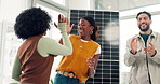 Applause, high five and motivation with business people in solar energy office for interview success. Clapping, hiring and meeting with excited employee team in workplace for photovoltaic development