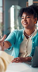 Recruitment, laptop and hr manager with handshake in agency, interview success and welcome new employee. Congratulations, job opportunity and woman shaking hands for onboarding, tech and hiring staff