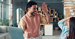 Business, high five and people with laptop, surprise and cooperation with milestone. Happy employees, shocked and media agency with pc, achievement or gesture with submission, celebration or teamwork