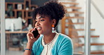 Smile, business woman and phone call in office, communication or feedback for creative article. Mobile, African person or journalist talking to contact for news source, story or fact check in startup
