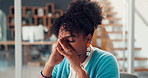 Business, tired and woman with burnout, headache and exhausted with eye strain, pain and stress. Person, fatigue and employee in office, migraine and brain fog with pressure and blue light exposure