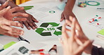 Sustainability, hands and business people in meeting with document, ESG proposal or recycling data. Ecology manager, team and paperwork in office for planning green project, chart or CSR strategy