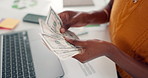 Hands, money and business woman with laptop in office for budget, savings and investment. Cash, counting and female person with financial planning for profit, growth or management with documents