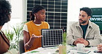 Solar panel, business people and discussion in office meeting, sustainability or ESG analysis. Photovoltaic cell, team and talk in startup for briefing, clean energy metrics or eco friendly project