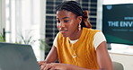 Laptop, typing and black woman in office with research for environment project with conservation. Paperwork, reading and female sustainability compliance officer with computer for forestry report.