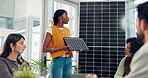 Speaker, solar panel and meeting with business woman in office for photovoltaic pitch, team or planning. Renewable energy, grid prototype and sustainability project with employees in eco startup
