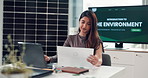 Business, woman and document with laptop in office to prepare for environment presentation. Female person, paperwork and pc with sustainable report, climate change awareness and eco-friendly proposal