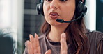 Business woman, consultant or customer service with headset for online advice or help in office. Female person, agent or talking with mic for virtual assistance, support or communication in workplace
