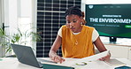 Laptop, documents and black woman in office with research for environment project with conservation. Paperwork, sustainable and African female compliance officer with computer for forestry report.