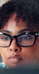 Creative, employee and woman with laptop, office and review design project with glasses or planning. Graphic designer, reflection and black person with blue light blocking eyewear and research on web