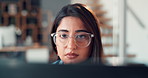 Glasses, computer and businesswoman in office with research for creative project with online email. Laptop, reading and female magazine editor with article for publishing in workplace for startup.