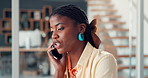 Business, black woman and phone call in office, creative feedback or communication for article. Mobile, startup and journalist talking to contact for news source, story verification or fact check