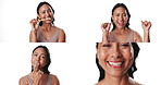 Face, woman and series for skincare in studio for oral hygiene, brushing teeth and dental floss. Portrait, mature person or montage of beauty treatment, lip scrub and fresh breath on white background