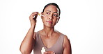 Skincare, serum and face with woman in studio for collagen cosmetics, beauty treatment and self care. Facial oil, vitamin e and hyaluronic acid dropper with mature person on white background space