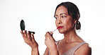 Face, mirror or woman apply red lipstick makeup, anti aging or smile on white background. Product, lip cosmetic or mature model with transformation, beauty aesthetic or change with makeover in studio