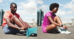 Series, people and tying shoes for fitness, getting ready and preparation for exercise. Man, woman and lace footwear with composite, sports training and runner safety for marathon practice on bridge