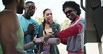 Fitness, surprise and watch with friends at car together for running goals, success or target. Achievement, applause and time with group of people outdoor for huddle, motivation or performance